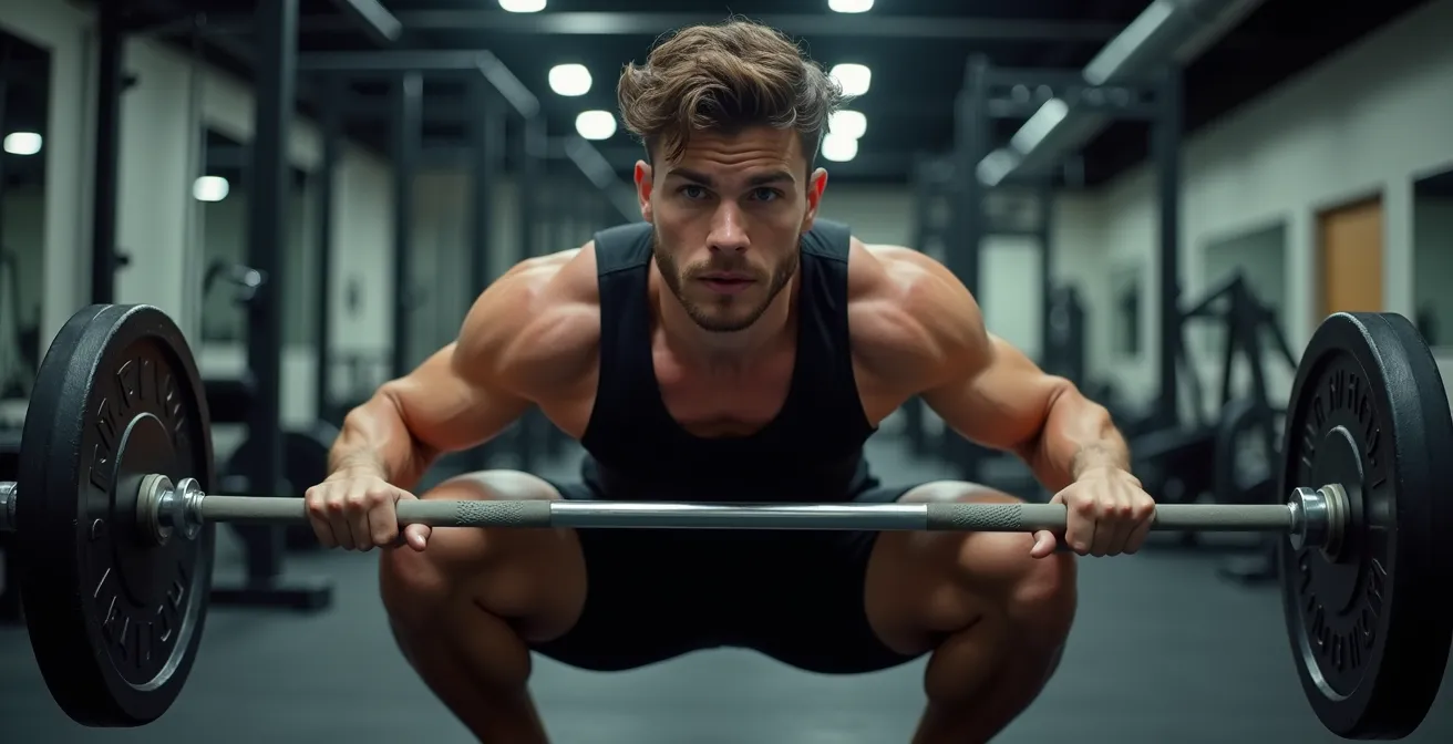 Ciclista che esegue squat con bilanciere in palestra