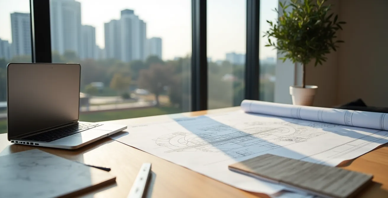 Documenti di progetto architettonico con campioni di materiali su tavolo