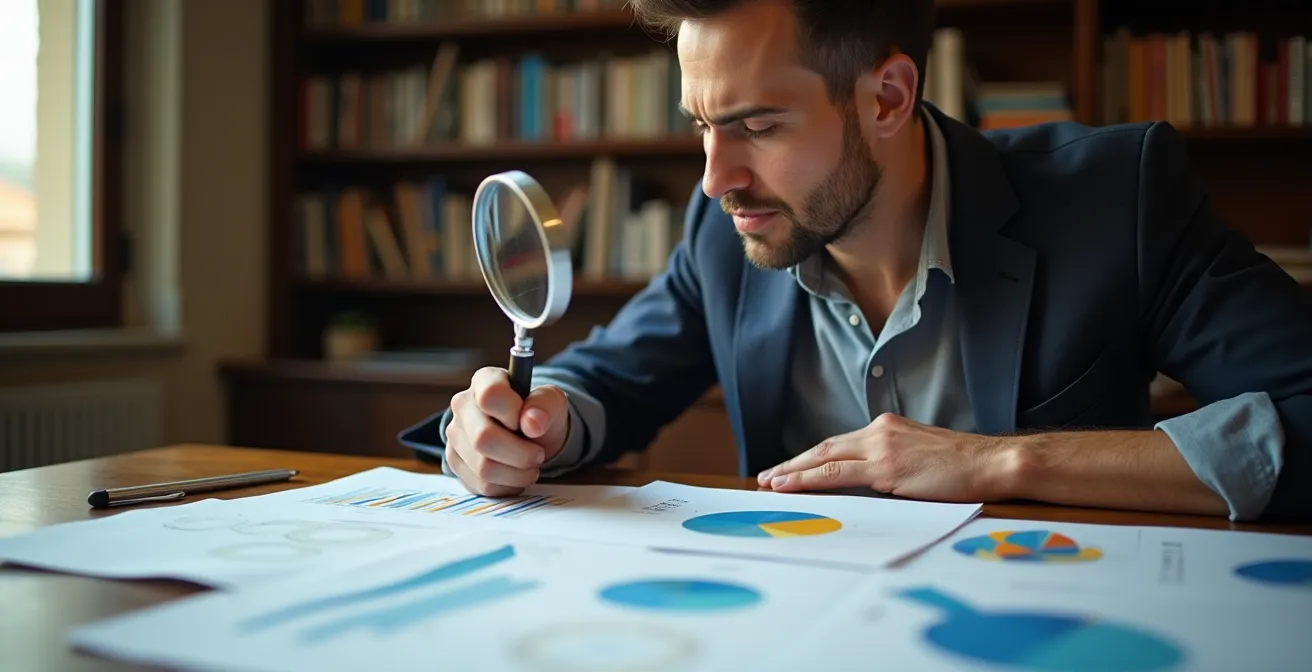 Persona che analizza documenti di sostenibilità con lente d'ingrandimento