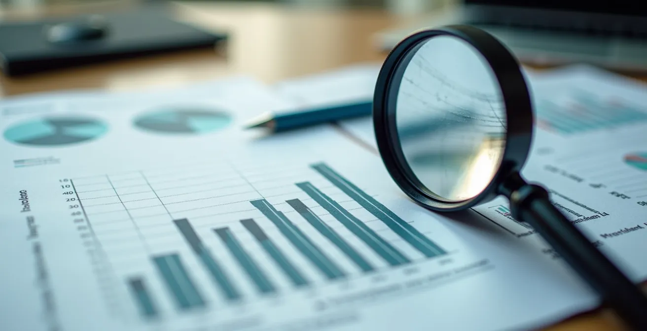 Dettaglio macro di documenti finanziari con lente di ingrandimento che evidenzia grafici