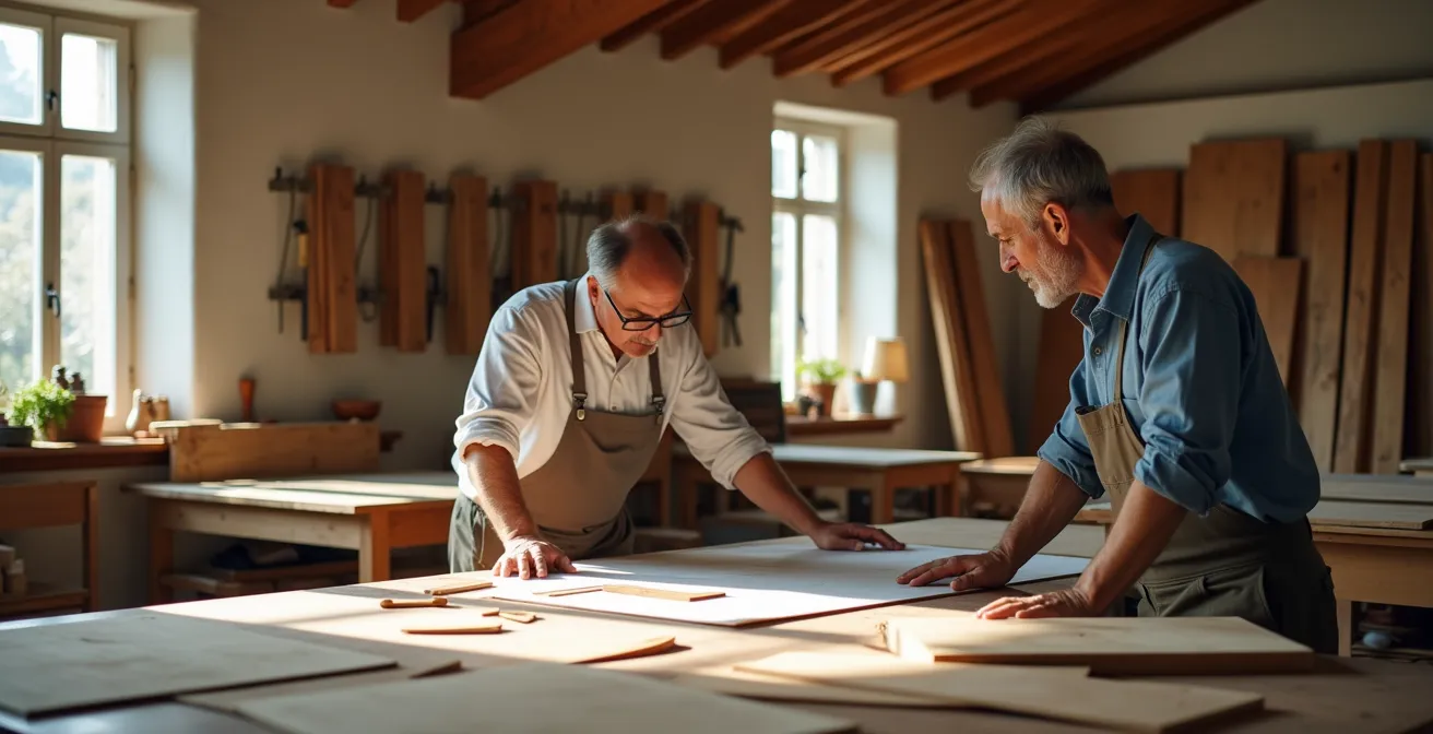 Artigiano e cliente discutono un progetto di mobile personalizzato in laboratorio