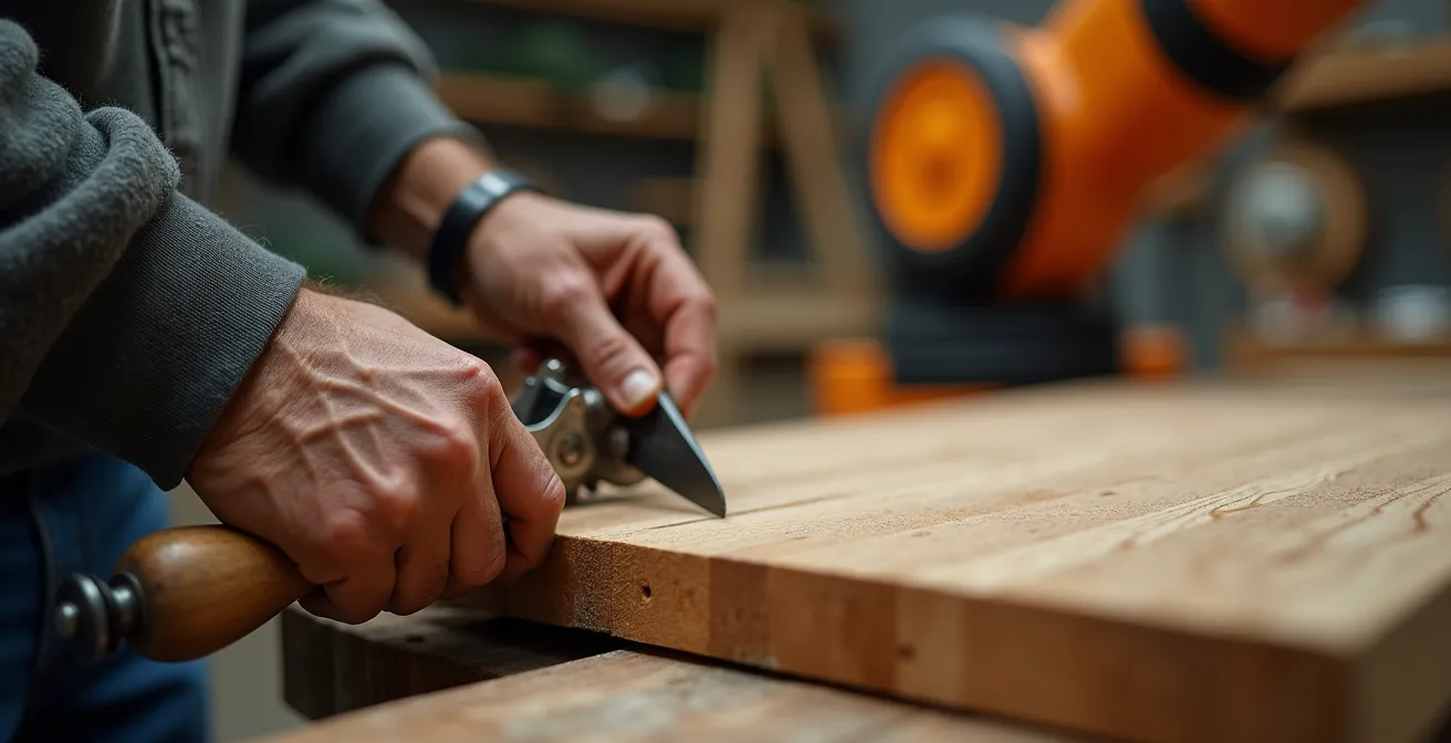 Maestro falegname italiano lavora il legno assistito da cobot per operazioni di supporto