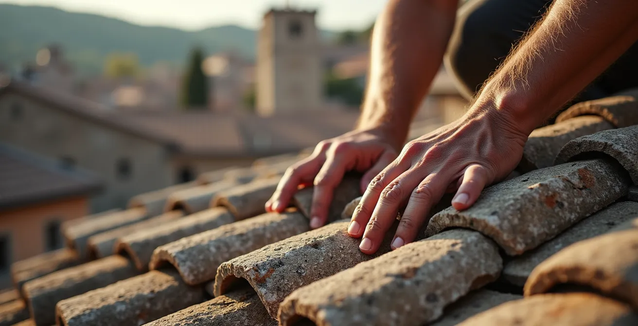 Artigiano al lavoro sul restauro di un tetto in pietra di un borgo medievale
