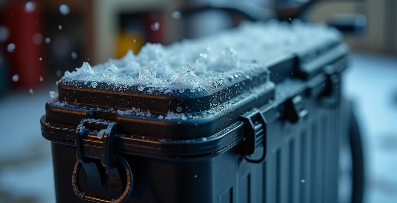 Dettaglio macro della batteria di una e-bike con cristalli di ghiaccio