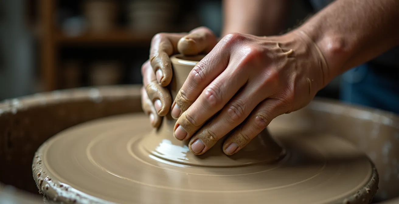 Bottega artigiana aperta con visitatori che osservano una dimostrazione di lavorazione