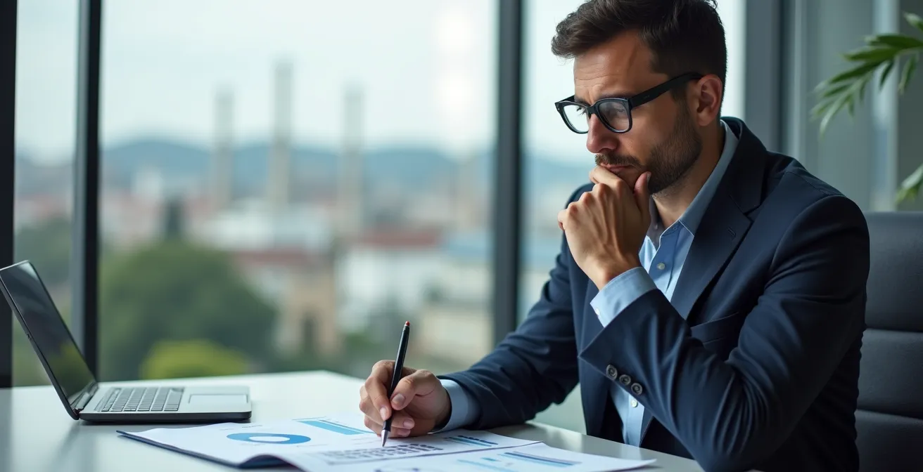 Manager italiano analizza grafici finanziari in ufficio moderno con vista su distretto industriale