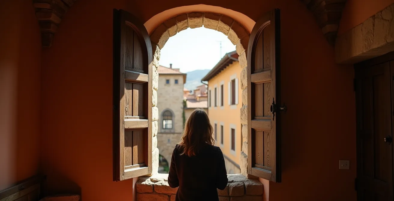 Camera caratteristica con finestra affacciata sui vicoli di un borgo medievale