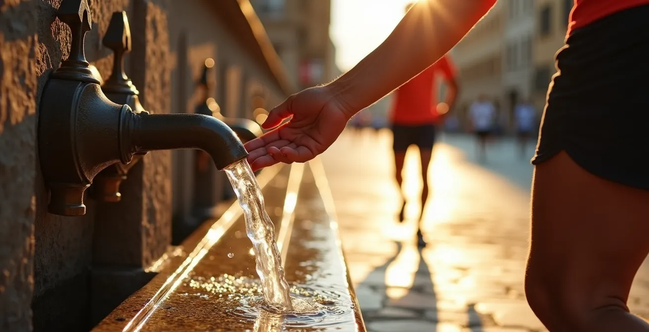 Corridore che si rinfresca a una fontanella pubblica durante una corsa estiva in città