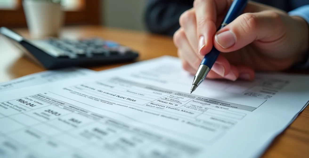 Mani che compilano documenti fiscali con calcolatrice e ricevute mediche sul tavolo