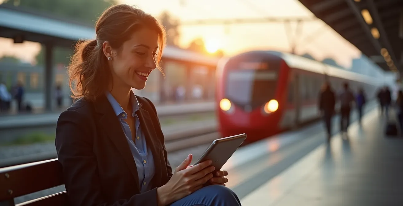 Pendolare che consulta opzioni di abbonamento su tablet in stazione ferroviaria
