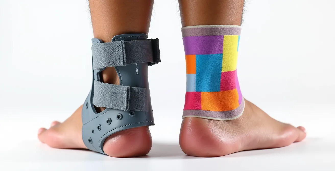 Confronto visivo tra tutore rigido per caviglia e applicazione di taping kinesiologico