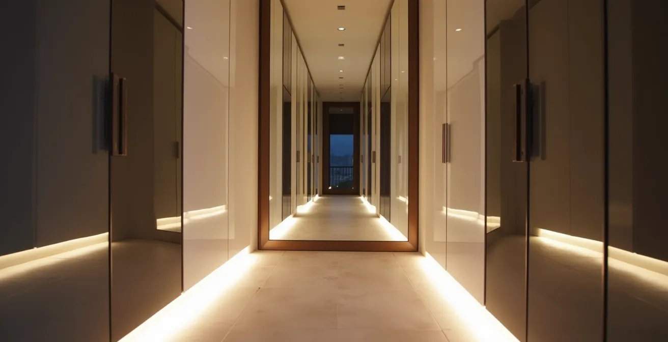 Corridoio stretto italiano con specchi e illuminazione LED per effetto profondità
