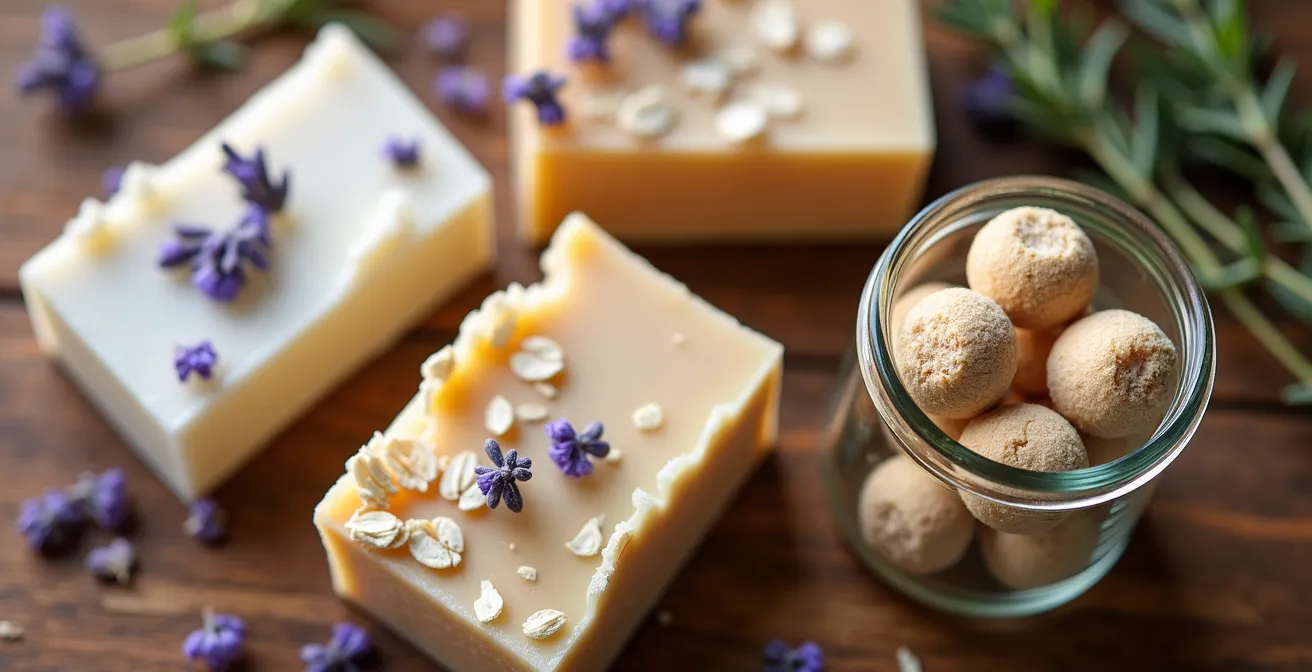 Set di cosmetici solidi naturali disposti su una superficie di legno, simbolo di un viaggio senza plastica.