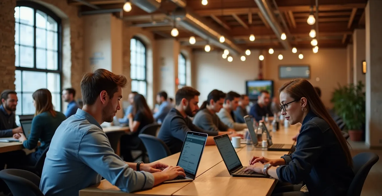 Interno di uno spazio di coworking moderno con giovani professionisti al lavoro in un edificio industriale riconvertito