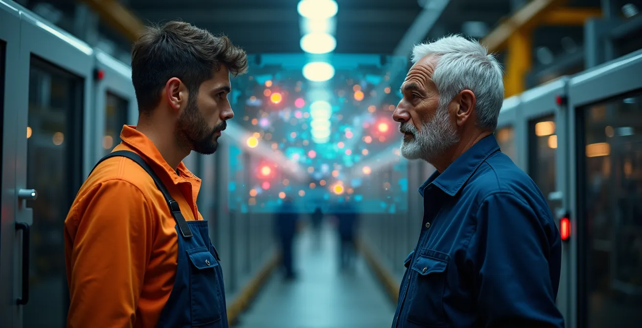 Giovane dipendente che mostra un dispositivo digitale a un manager senior in ambiente di produzione