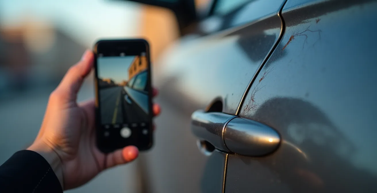 Dettaglio mani che fotografano graffi su portiera auto con smartphone