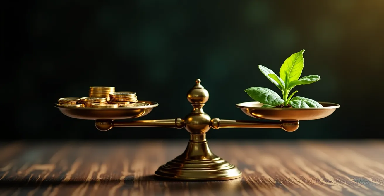 Bilancia antica in equilibrio con monete d'oro da un lato e foglie verdi dall'altro