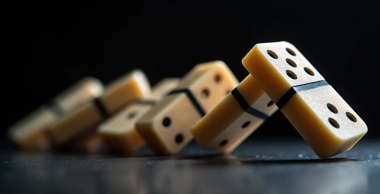 Vista macro di tessere domino che cadono rappresentando l'effetto a catena di un data breach