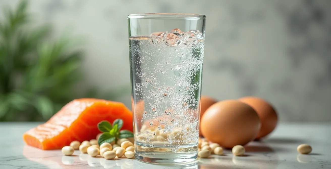 Bicchiere d'acqua con alimenti proteici mediterranei in equilibrio