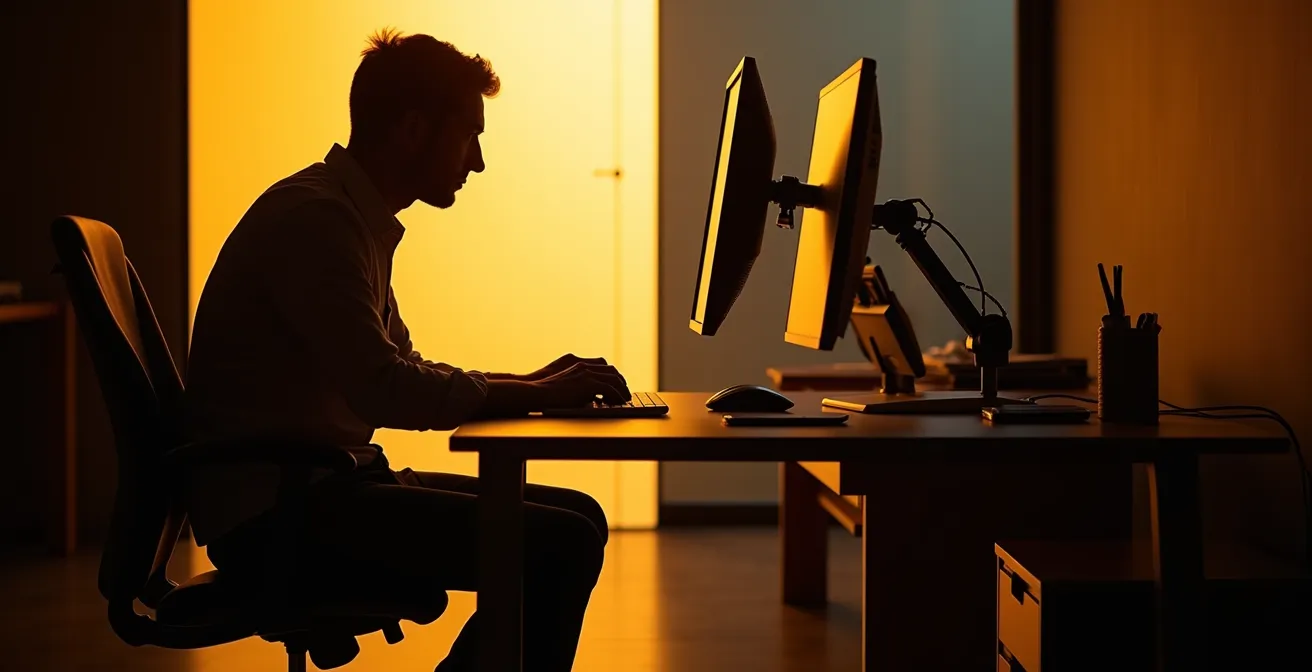 Postazione di lavoro ergonomica con supporti tecnologici in ufficio italiano