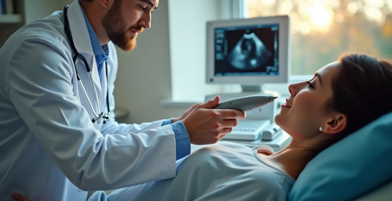 Medico che esegue ecografia del collo su paziente in ambiente clinico moderno
