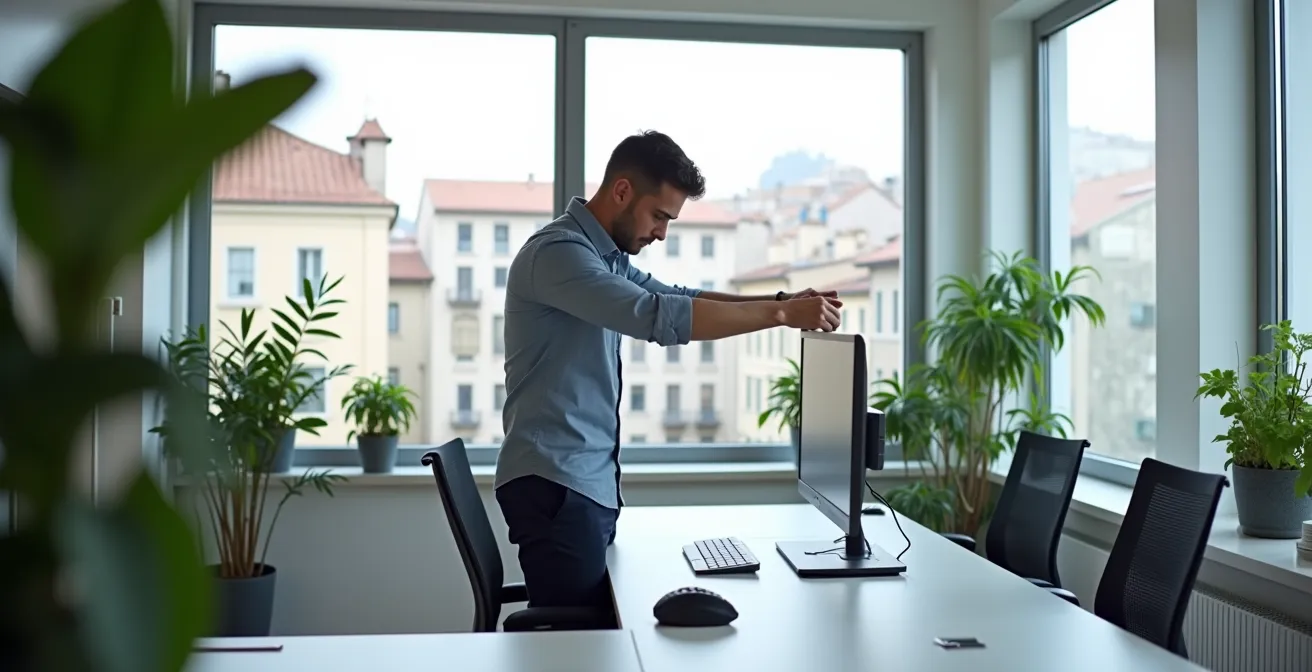 Professionista italiano esegue micro-esercizi posturali alla scrivania in ufficio moderno