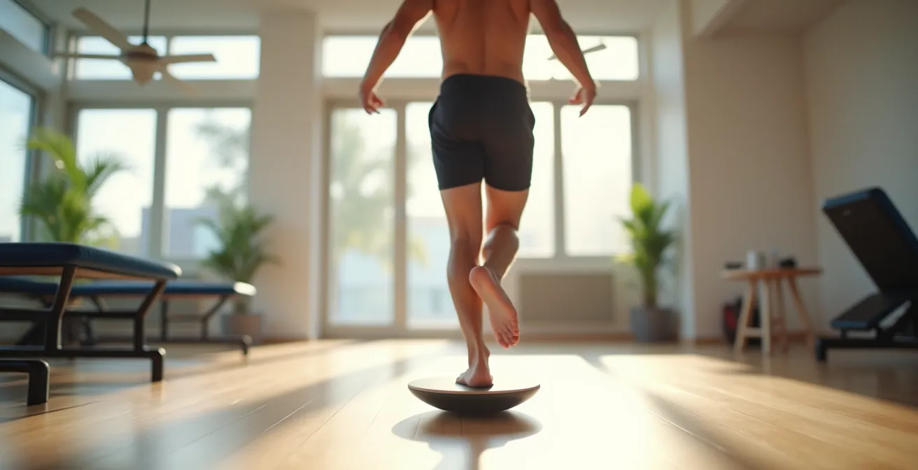 Atleta esegue esercizi di propriocezione su tavoletta basculante per riabilitazione caviglia