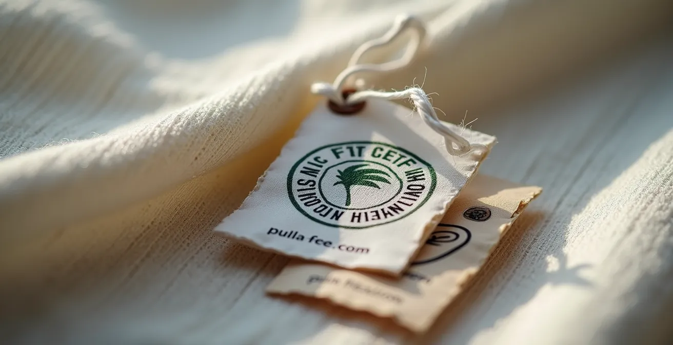 Dettaglio di etichette tessili con certificazioni di sostenibilità
