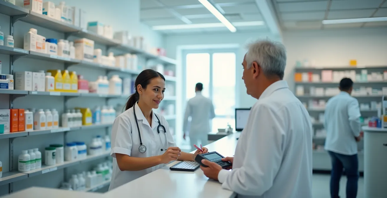 Farmacista che scansiona tessera sanitaria mentre paziente anziano attende al bancone