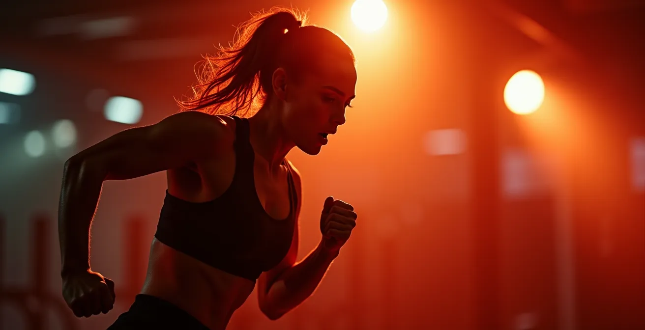 Persona in movimento durante esercizio HIIT con visualizzazione astratta dell'intensità attraverso colori caldi