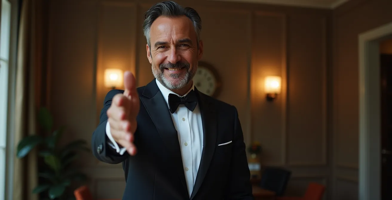 CEO italiano presenta video informativa privacy con gesto accogliente della stretta di mano