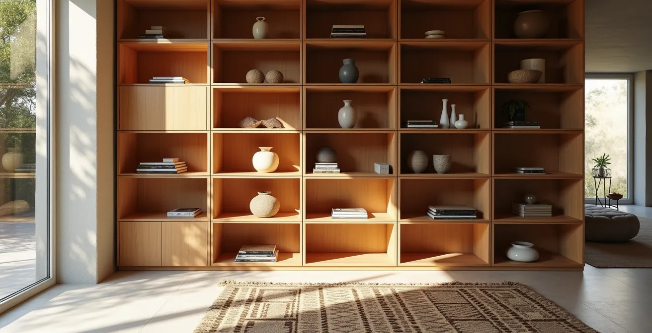 Libreria di design italiana che separa elegantemente cucina e soggiorno in un appartamento moderno