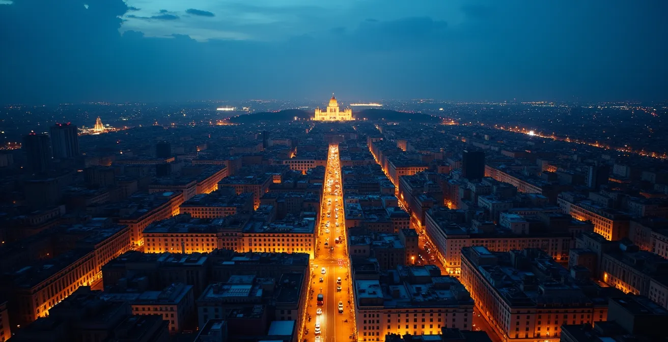 Vista aerea serale di Milano con zone illuminate che indicano le aree operative del car sharing