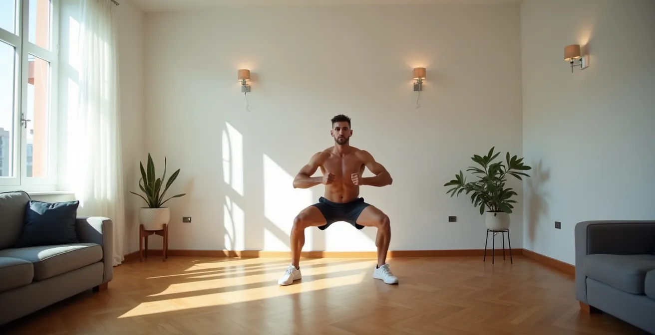 Sequenza di quattro esercizi HIIT eseguiti in appartamento con movimenti a basso impatto