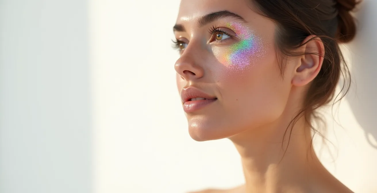 Vista ravvicinata di pelle con rappresentazione artistica dell'ecosistema microbico attraverso texture e colori naturali