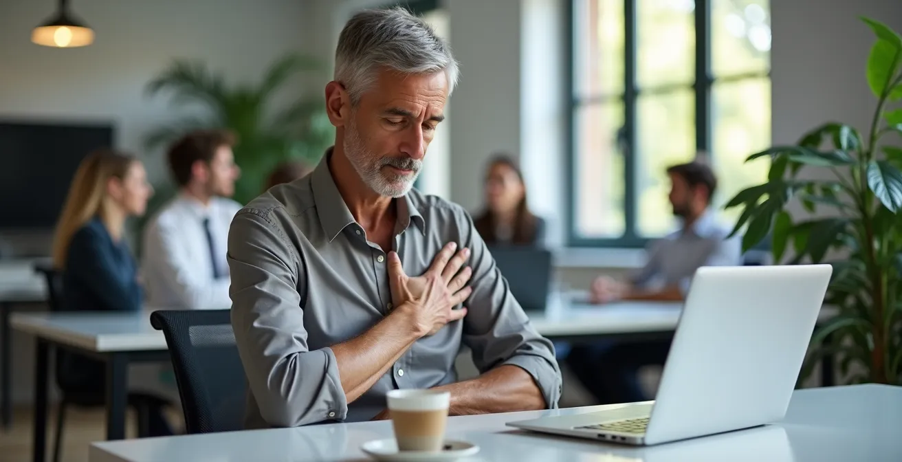 Persona che pratica respirazione consapevole seduta alla scrivania dell'ufficio