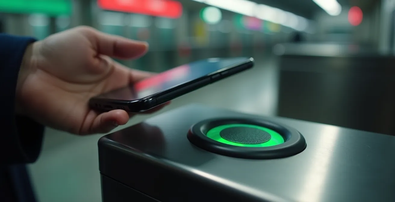 Mano che avvicina smartphone al lettore NFC del tornello della metropolitana