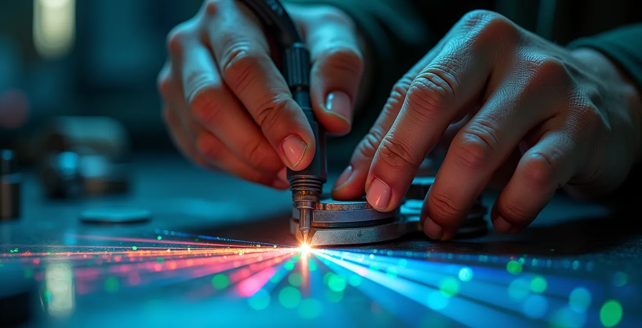 Operatore specializzato che lavora con precisione manuale assistito da proiezioni digitali luminose