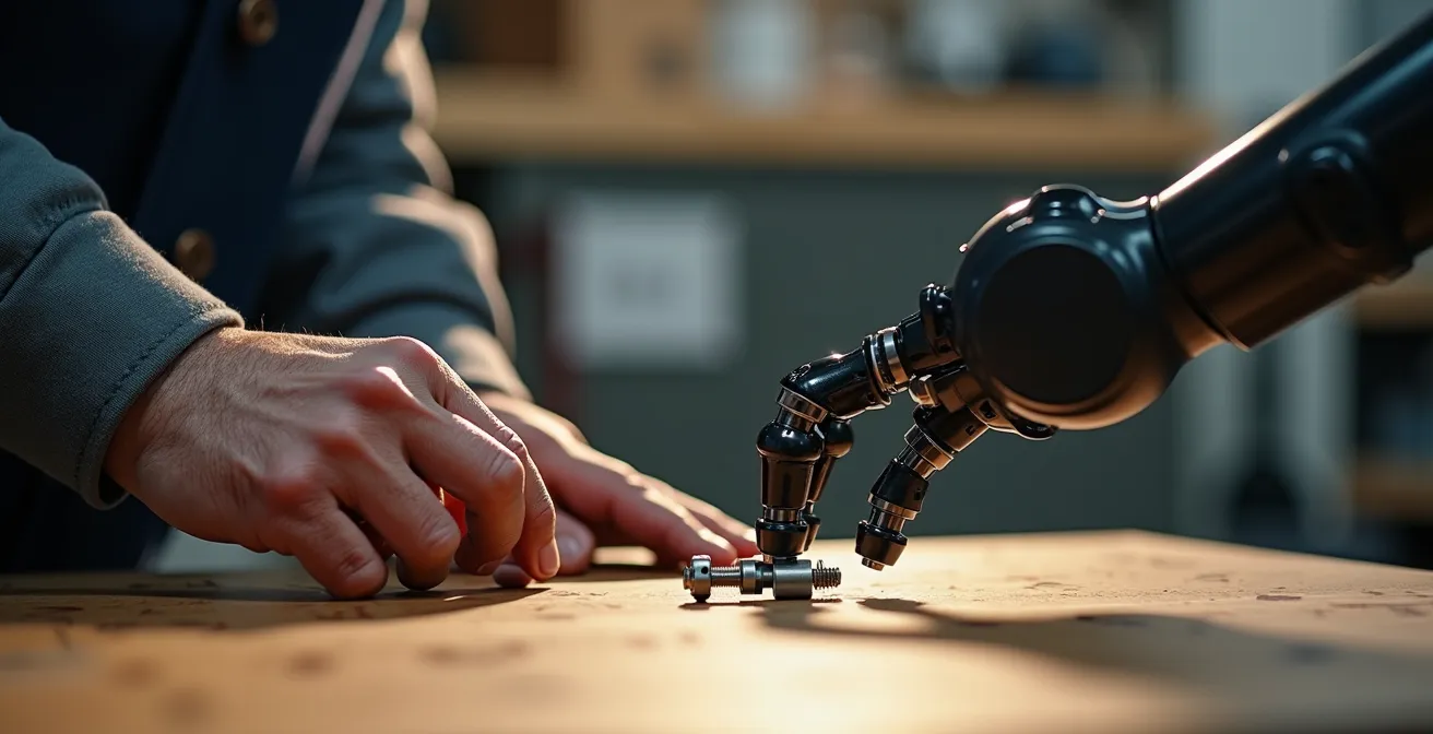 Lavoratore esperto programma cobot per operazioni di assemblaggio in ambiente manifatturiero italiano