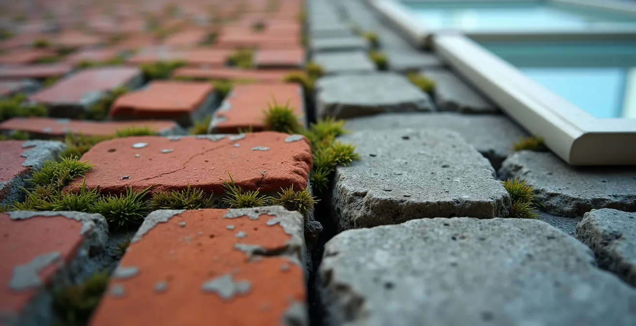 Vista macro di mattoni vintage e moderni affiancati che simboleggiano trasformazione urbana