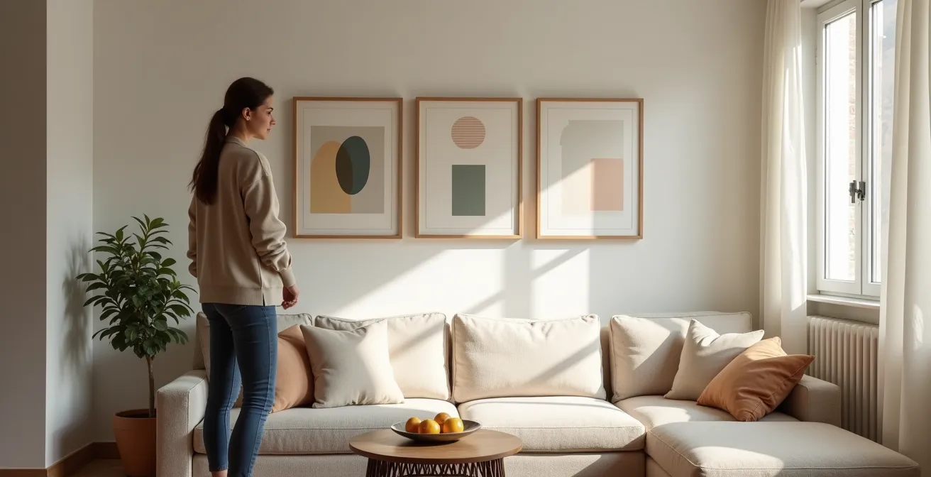 Soggiorno italiano con parete focale decorata e spazi vuoti equilibrati