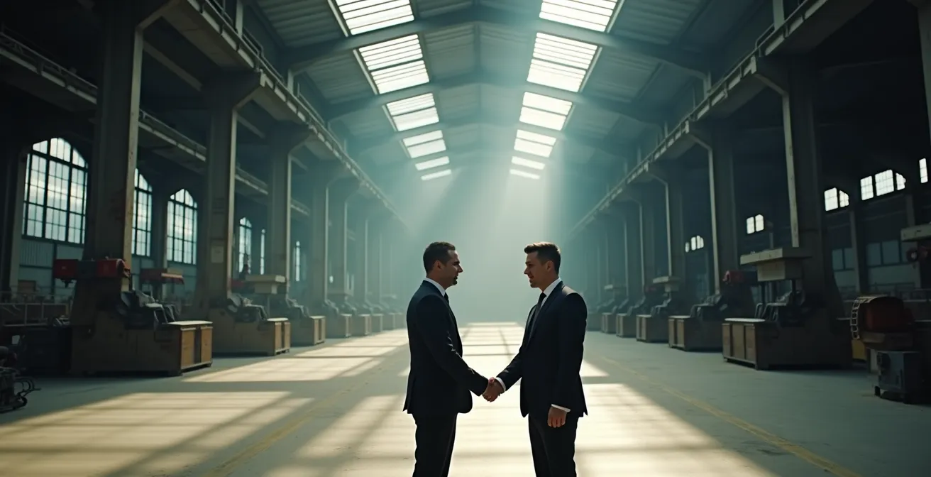 Stretta di mano professionale tra imprenditori con sfondo industriale italiano