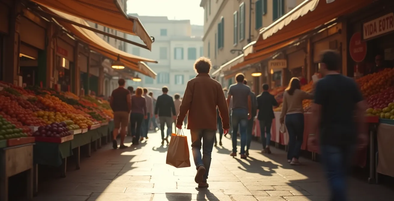 Persona che cammina in un mercato italiano all'aperto con borse della spesa, atmosfera vivace e movimento naturale