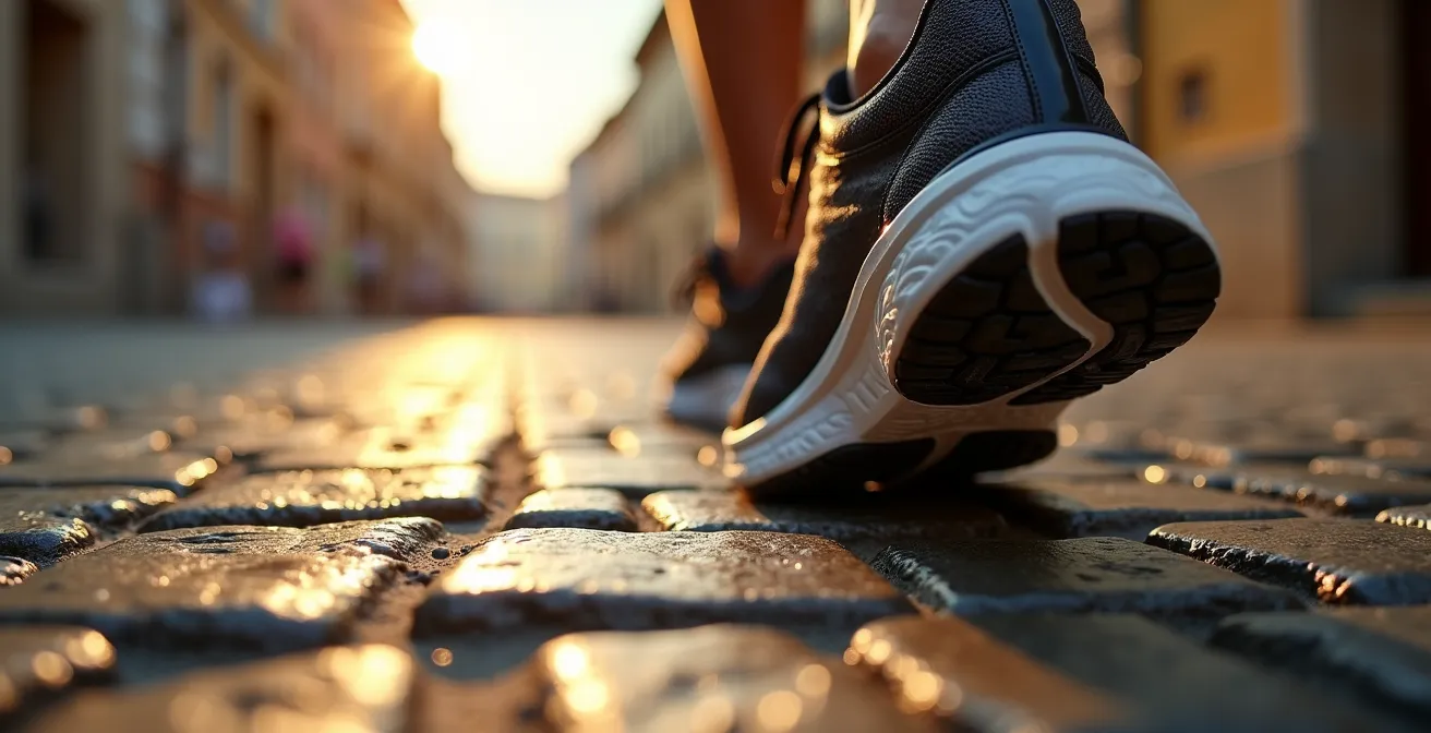 Persona che cammina a passo svelto lungo un lungomare italiano al tramonto