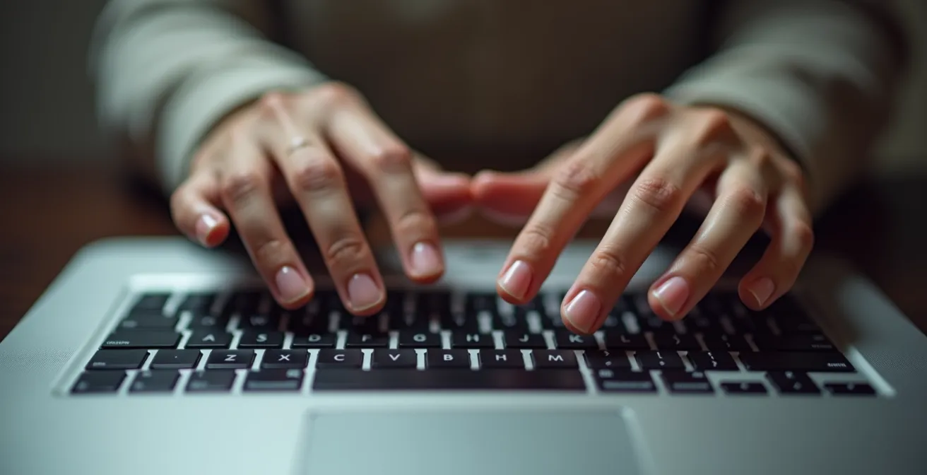 Mani che si allontanano dalla tastiera per una pausa di respirazione consapevole