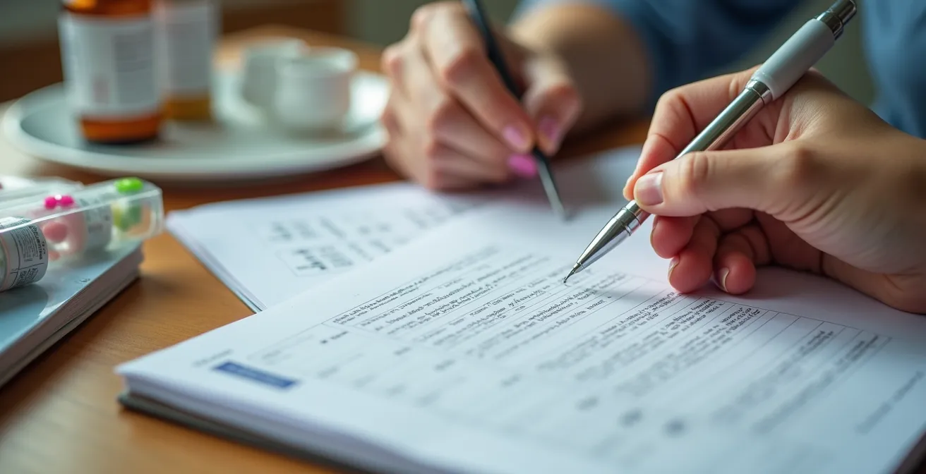 Mani che compilano diario sanitario con termometro e farmaci sul tavolo