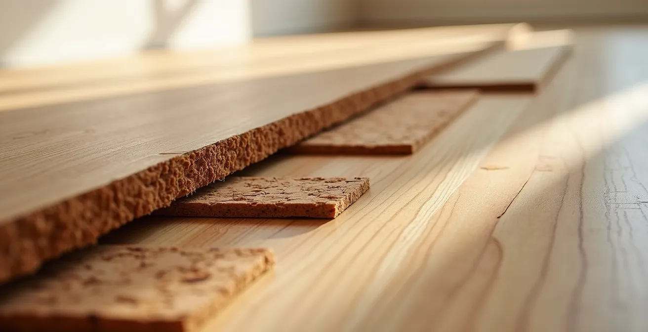 Dettaglio tecnico della posa flottante di parquet con materassino in sughero