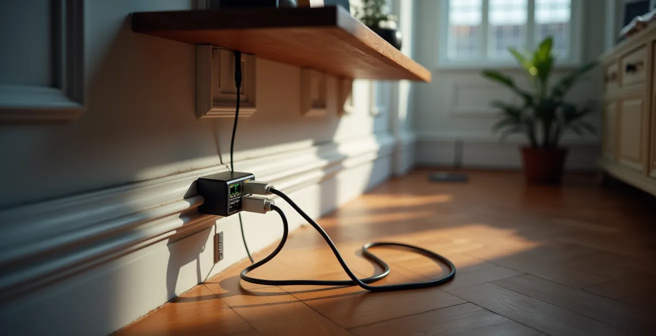 Sistema di cablaggio ethernet organizzato con passacavi nascosti nelle canaline di un appartamento italiano