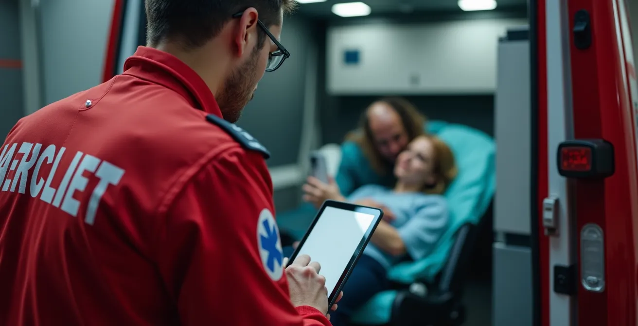 Soccorritori del 118 che consultano informazioni mediche vitali in situazione di emergenza