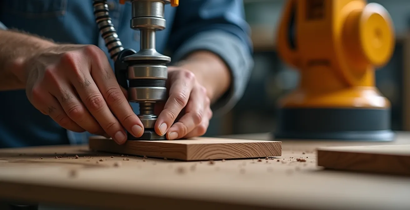 Mani di un artigiano che guidano un braccio robotico collaborativo lungo un pannello di legno